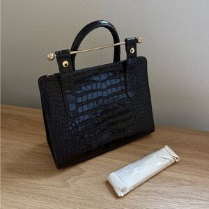 Strathberry Black Croc-Embossed Structured Top-Handle Bag with Gold Accent